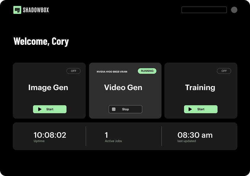 Shadowbox dashboard: private image, video, and training jobs on dedicated GPUs